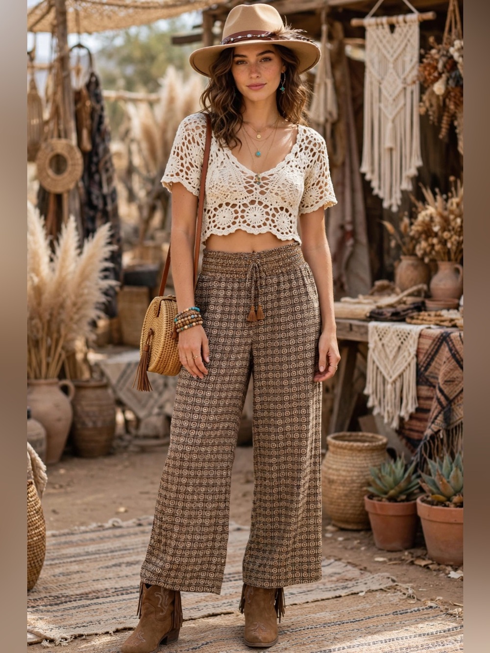 One 5 One Brown Geometric Boho Wide-Leg Pants - Elastic Drawstring Waist